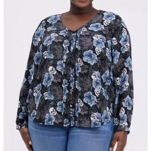 Torrid 2 Georgette Pintuck Button-Front Blouse Blue Floral Skulls (US 2X 18/20W)